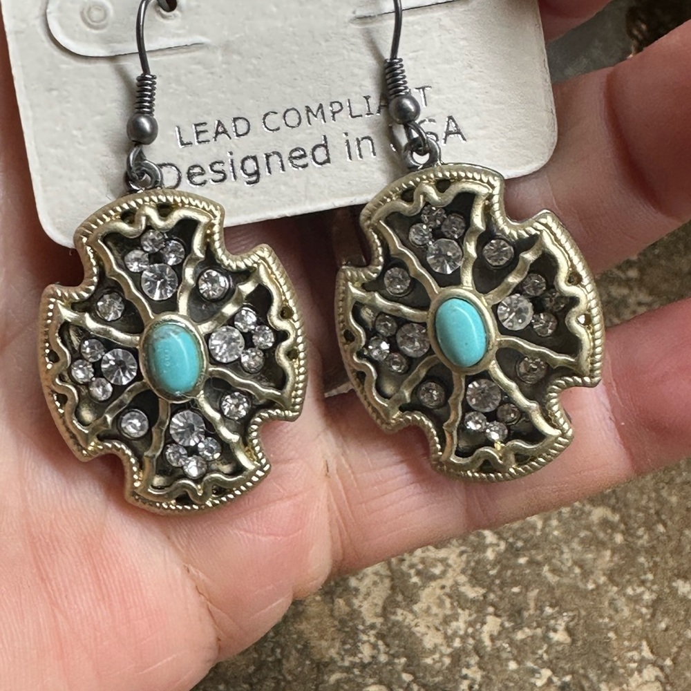 Two Tone Turquoise Rhinestone Dangle Earrings - Picture 6 of 6